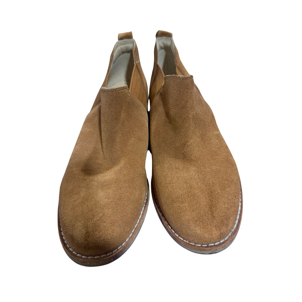 Clarks Womens Suede Ankle Booties Brown Almond Toe Low Stacked Heel Slip On